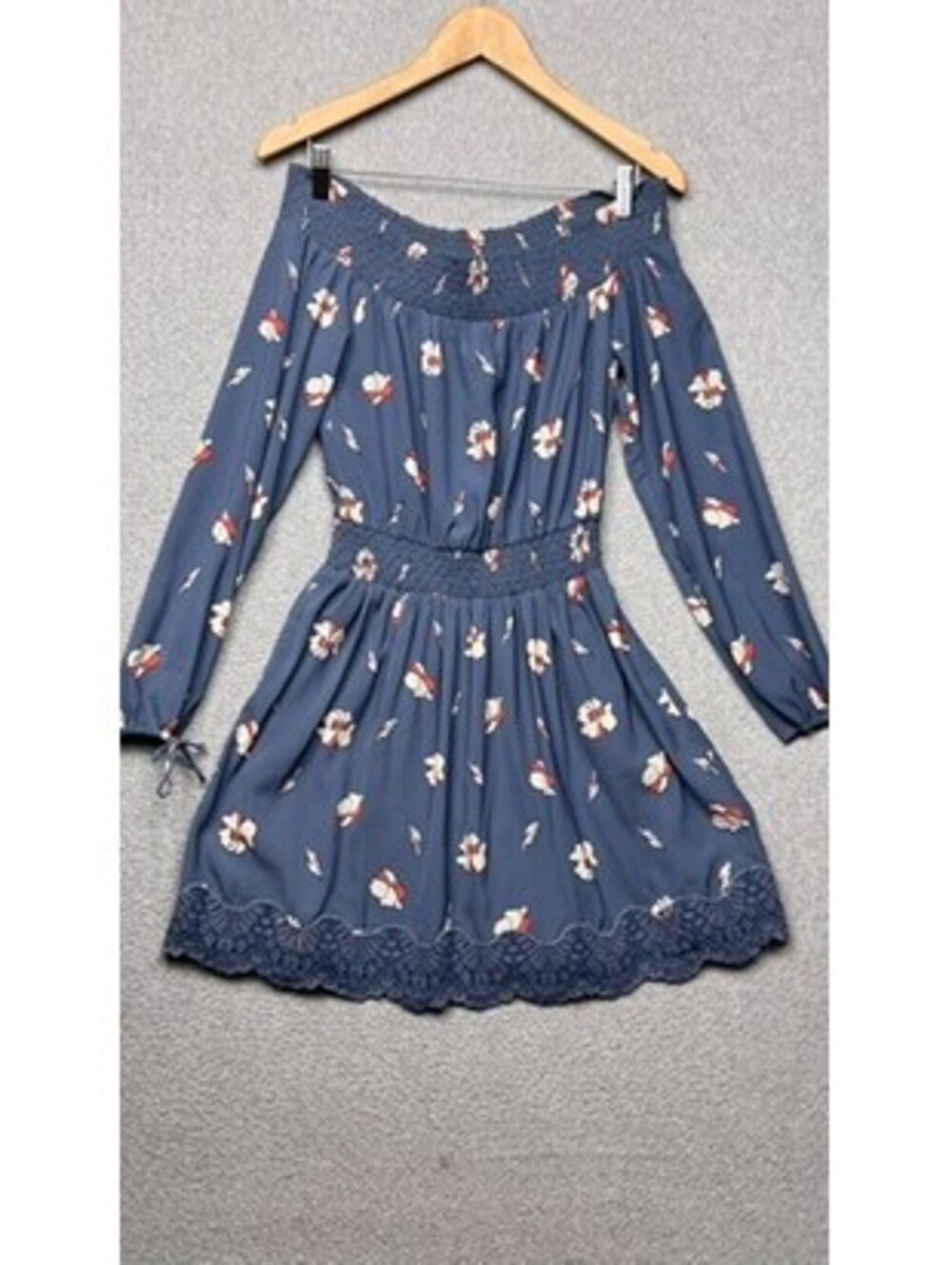 Abercrombie Fitch Dress Womens S Smocked Off Shoulder Lace Trim Mini Babydoll